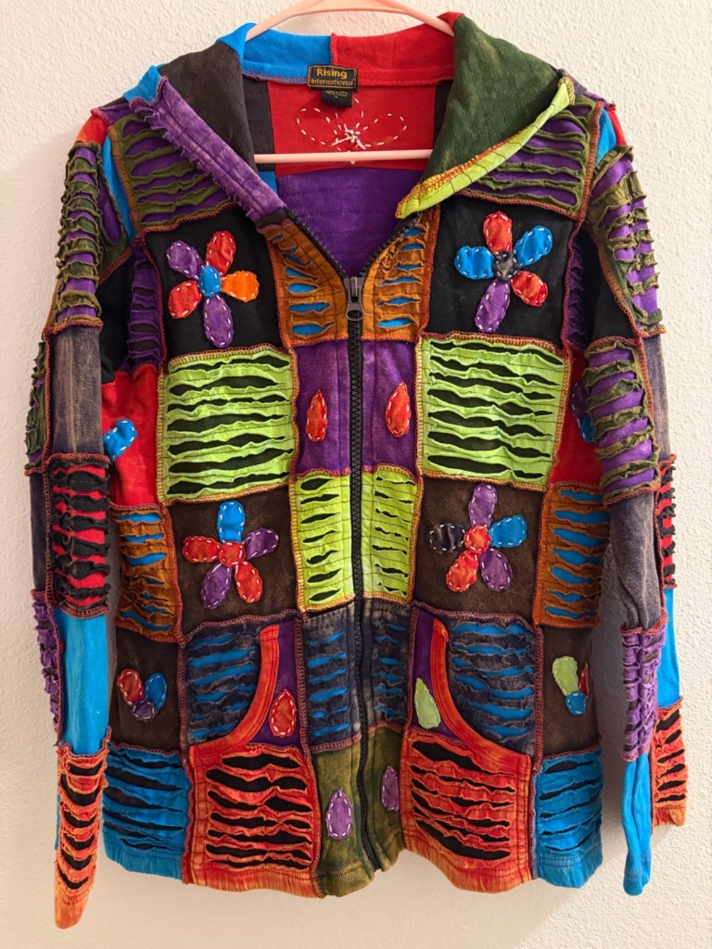 Rising International Nepal Patchwork Zip Hoodie Jacket NWOT